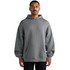 A hooded sweatshirt in grey, featuring a front pocket and relaxed fit, with a logo on one sleeve.