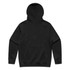 A black hooded sweatshirt with a plain back, featuring a hood and long sleeves, and includes a logo.