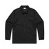 A black work jacket with a collared neck, snap buttons, and side pockets. It features a logo on the label.