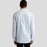 A button-up shirt in light blue with a stripe pattern, featuring a collar and long sleeves. It has a logo on the back.
