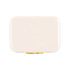A rectangular cooler in a sleek cream colour with a gold clasp and a logo.