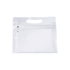 A transparent white PVC cosmetic bag with a zip closure and a handle. It features a small outer pocket.