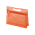 An orange PVC cosmetic bag with a zip closure and a handle for easy carrying.