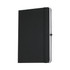 A black A5 journal book with a hardcover and an elastic band closure. It features a logo on the cover.