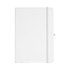 A white A5 journal with a grey elastic band, featuring a smooth cover and a logo.