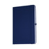 A navy blue A5 journal with a hardcover and an elastic band, featuring a logo on the front.