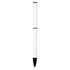 A white ballpoint pen with a black tip and a logo on its body. It features a twist mechanism for opening and closing.