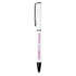 A white ballpoint pen with a twist mechanism, featuring a black clip and a branding logo.