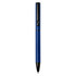 A blue ballpoint pen made from recycled aluminium with a black cap and clip, featuring a logo.