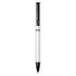 A black and white twist ballpoint pen made from recycled aluminium, featuring a logo on the barrel.