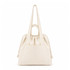 A cream tote bag with long straps, a drawstring closure, and a front pocket, featuring a logo.