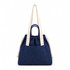 A navy tote bag with cream handles and a drawstring closure, featuring a front pocket and branding.