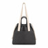A grey tote bag with long fabric straps, featuring a drawstring closure and a front pocket. It has a simple branding detail.