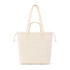 A cream-coloured tote bag with a front pocket and two handles. It features a branding logo.