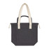 A dark grey tote bag with beige handles and a front pocket, featuring a logo.