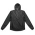 A unisex windbreaker in black with a hood and long sleeves, featuring a logo on the back.