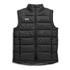 A black unisex puffer vest with a branded logo and a front zip closure.