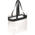 A clear tote bag with black straps, featuring a spacious interior and a simple design. It includes a logo.