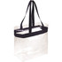 A clear tote bag with black handles, featuring a simple, unembellished design and an integrated logo.