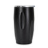 A drink bottle with a sleek black design and a silver lid, featuring an ergonomic shape. Includes branding.