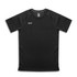 A black unisex t-shirt with short sleeves and a logo on the front. Ideal for casual wear.
