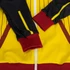 A custom women's active zipped hoodie in yellow, black, and red with contrasting stripes and a logo.