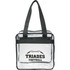 A clear zippered tote bag with black straps, featuring a football design and branding.