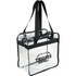 A clear zippered tote bag with black straps and a football logo, suitable for various events and activities.