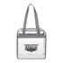 Clear zippered tote bag with grey straps, featuring a logo on the front. Suitable for carrying various items.