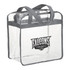 A clear zippered tote bag with grey handles, featuring a logo on one side. Suitable for safety compliance.