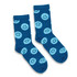 A pair of blue crew socks featuring light blue smiley face patterns. The socks have a logo on one side.