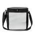 A black cooler bag with a zippered top, a shoulder strap, and a side mesh pocket. It features a plain white front panel.