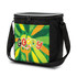 A black cooler bag with a vibrant green and yellow graphic design, featuring a logo on the front.