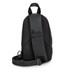 A black crossbody bag featuring a textured mesh back and an adjustable strap. It has a logo on the surface.