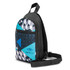 A crossbody bag in black with a blue and grey geometric pattern, featuring a logo on the front.