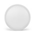A round white serving tray with a smooth finish and an outer rim. It features a logo on the underside.