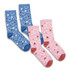 A set of two pairs of children's socks in blue with white hearts and pink with red hearts. Each pair has a contrasting cuff.
