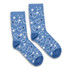 A pair of blue kids' socks featuring heart patterns in lighter shades of blue and white. The socks have a logo.