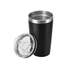 A drink bottle featuring a black exterior and stainless steel inner, accompanied by a clear lid.