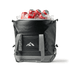 A black foldable cooler bag filled with ice and coke cans, featuring a logo on the front.