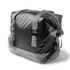 A foldable cooler bag featuring a sleek black and grey design with zippers and straps. It includes a side bottle holder.
