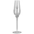 A clear glass champagne flute with a tall, slender design and a circular base, featuring a logo.
