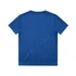 A blue kids' t-shirt featuring a simple design and a logo. The back view is displayed.