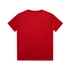A red kids' T-shirt with a plain back and short sleeves. It features a logo or branding.