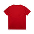 A red kids' T-shirt with a plain back and short sleeves. It features a logo or branding.