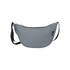 A grey waist bag with a black zipper and strap, featuring a logo on the side. It has a rounded design for storage.