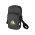 A grey recycled phone pouch with a zip closure, featuring a logo and an adjustable strap.