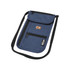 A navy blue travel pouch made from recycled materials, featuring multiple zippered compartments and an adjustable strap.