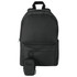 A black backpack with a front pocket and a small pouch attached via a keyring. It features a branding logo.