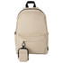 A beige backpack with a small pouch attached. The backpack features a front pocket and adjustable straps.
